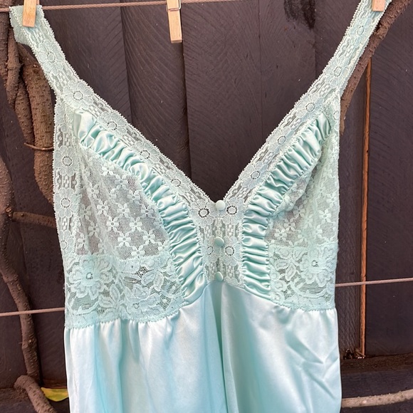 Vintage 80s teal long nightgown lingerie slip dress EUC size 12 lace faerie - Picture 3 of 7